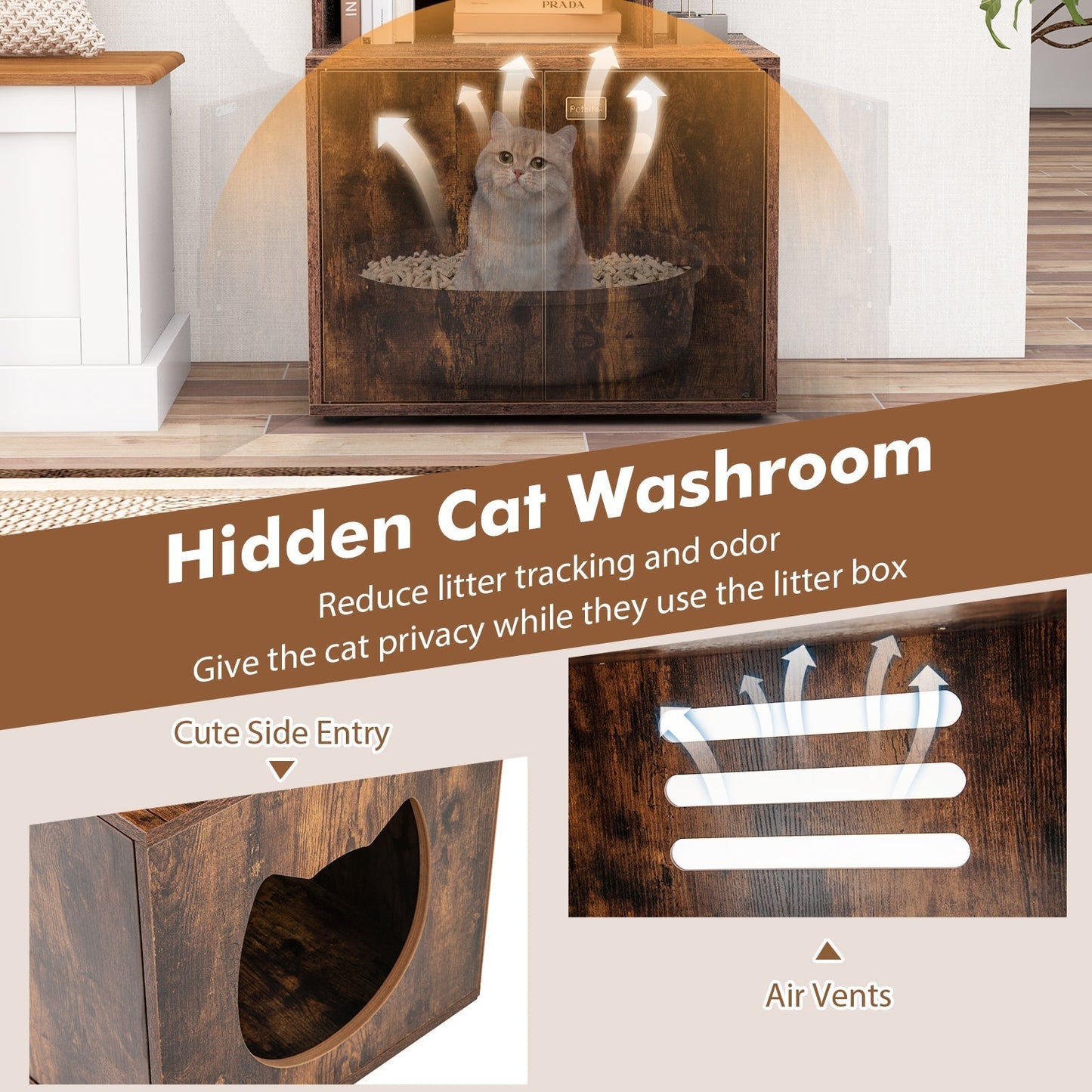 2-in-1 Hidden Cat Litter Box Enclosure with 3 Open Shelves-Rustic Brown