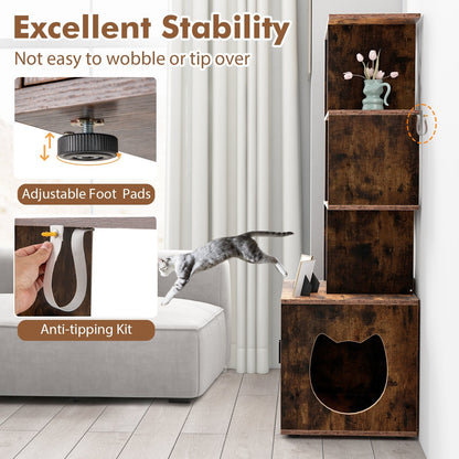 2-in-1 Hidden Cat Litter Box Enclosure with 3 Open Shelves-Rustic Brown