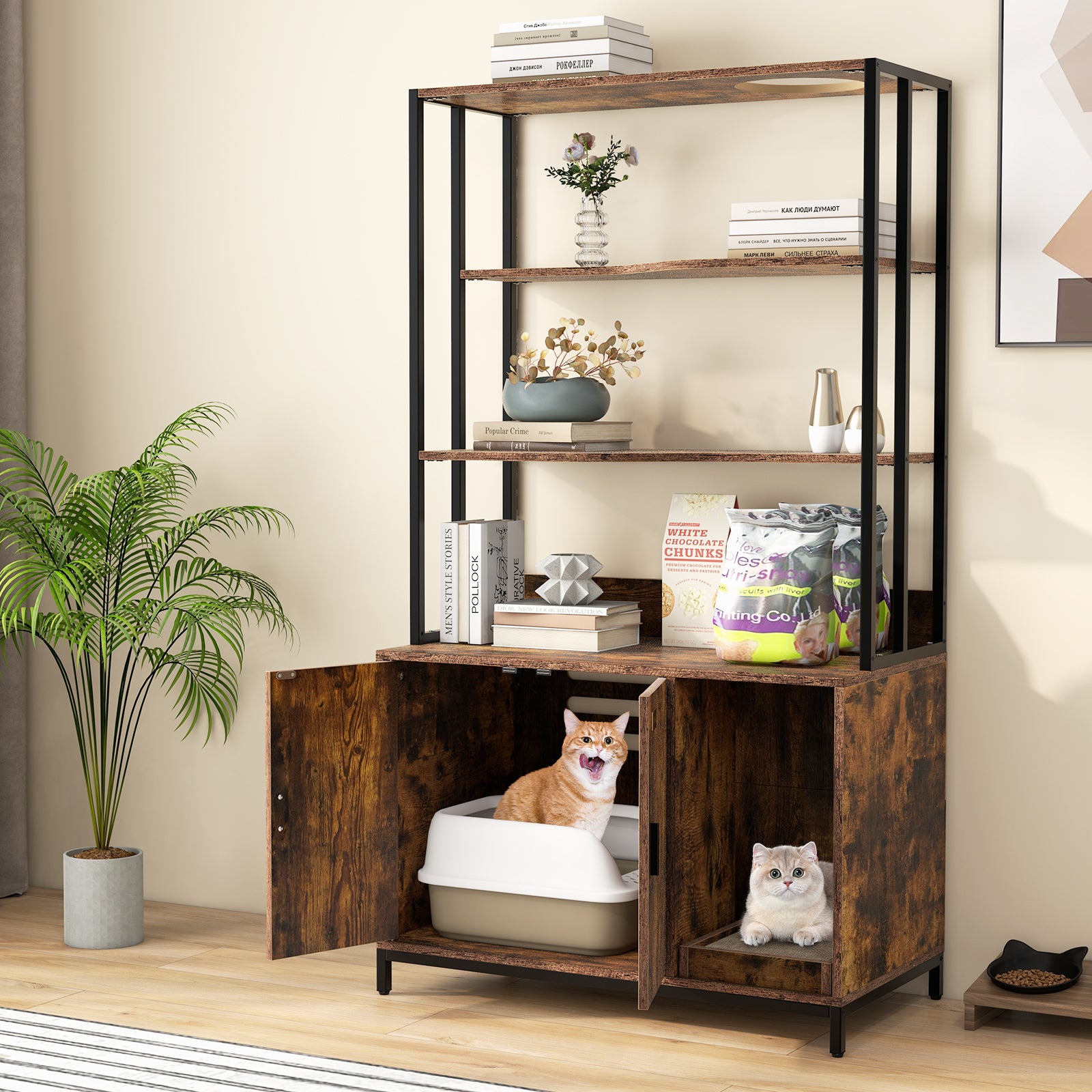 Cat Litter Box Enclosure with Storage and Shelves-Coffee
