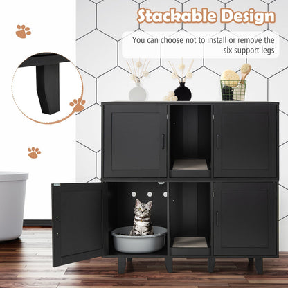2-Door Cat Litter Box Enclosure with Winding Entry and Scratching Board-Black