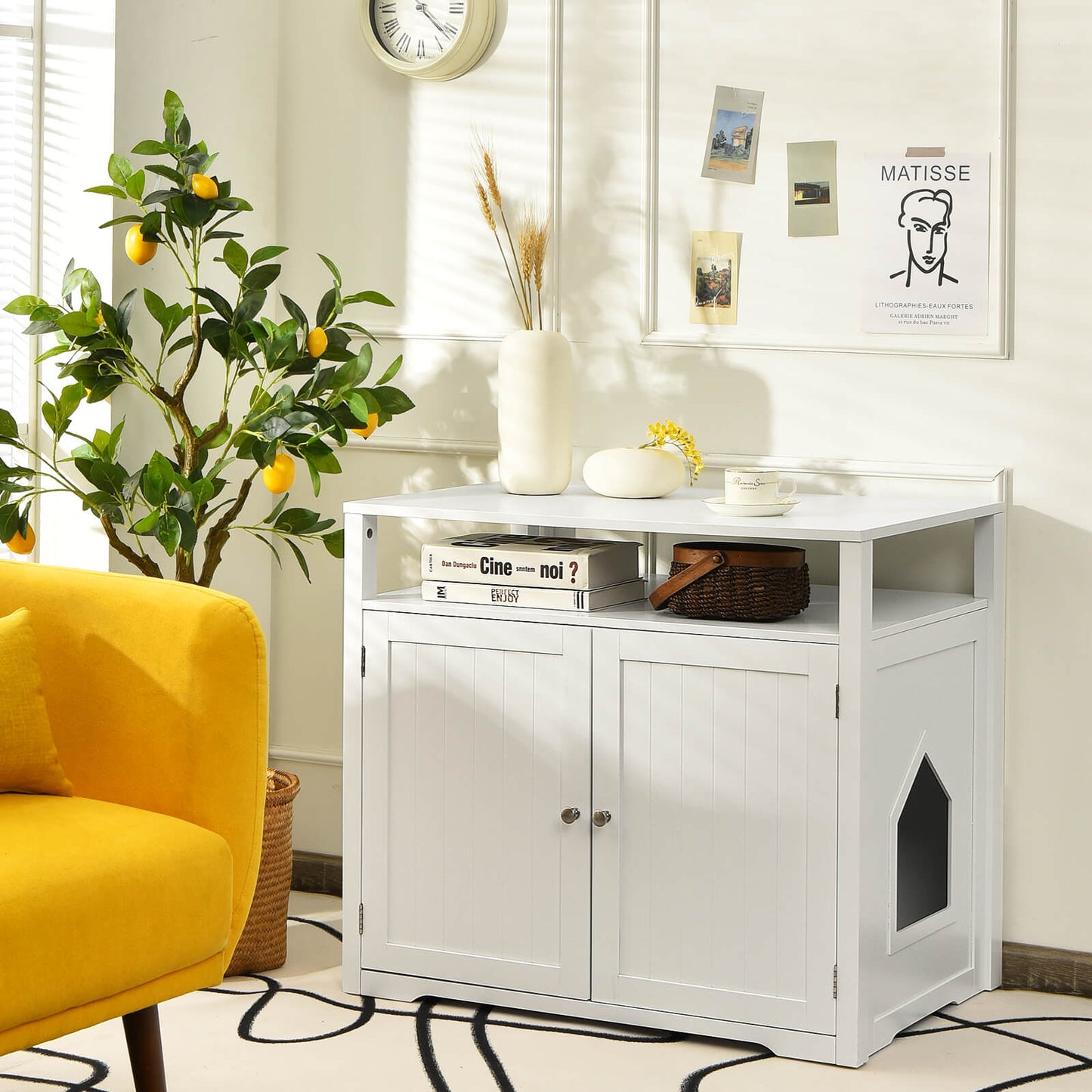 Cat Litter Box Enclosure with Adjustable and Removable Divider-White