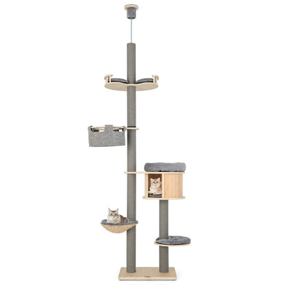 Floor to Ceiling Cat Tree with Adjustable Height for Indoor Cats-Natural