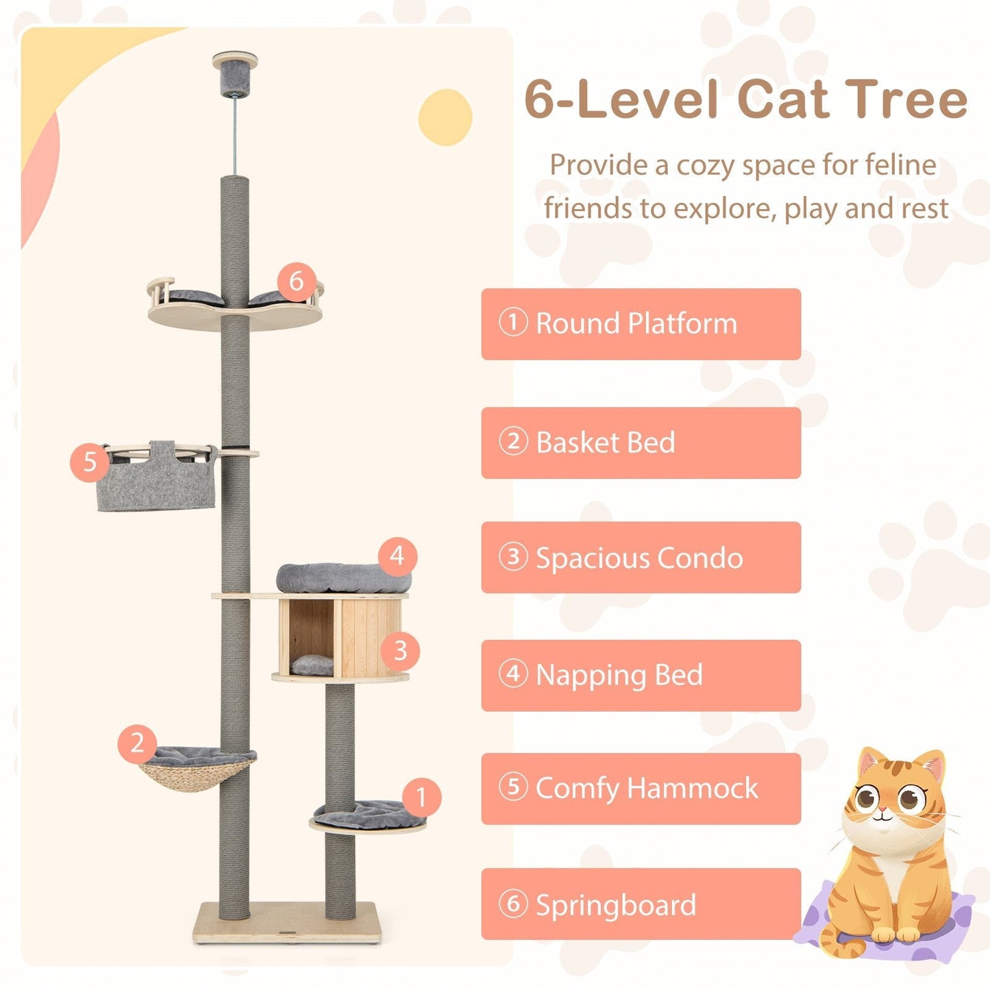 Floor to Ceiling Cat Tree with Adjustable Height for Indoor Cats-Natural