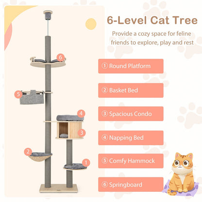 Floor to Ceiling Cat Tree with Adjustable Height for Indoor Cats-Natural