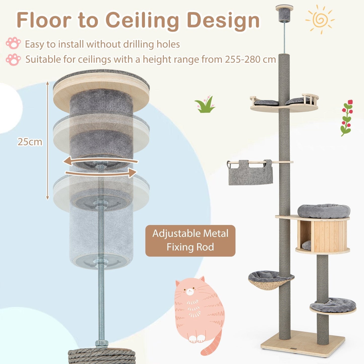 Floor to Ceiling Cat Tree with Adjustable Height for Indoor Cats-Natural