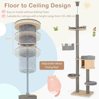 Floor to Ceiling Cat Tree with Adjustable Height for Indoor Cats-Natural