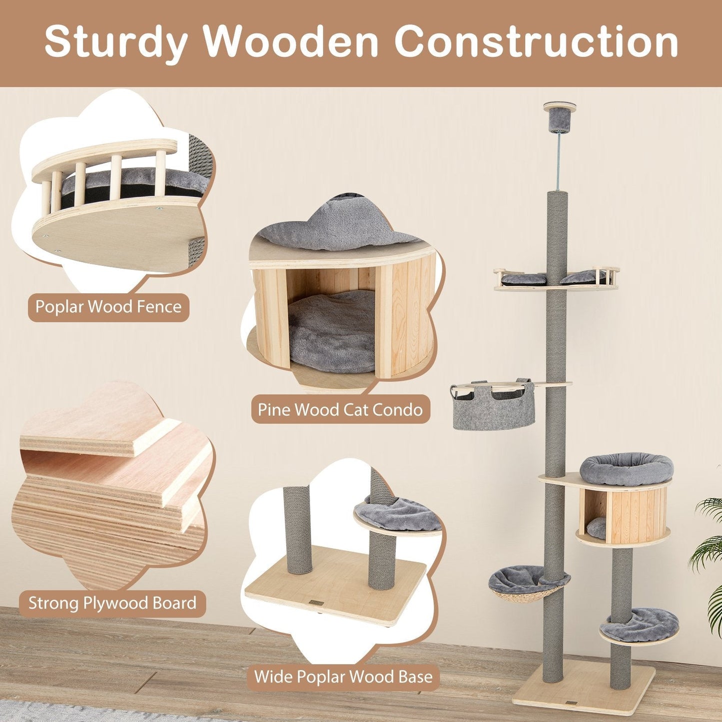 Floor to Ceiling Cat Tree with Adjustable Height for Indoor Cats-Natural