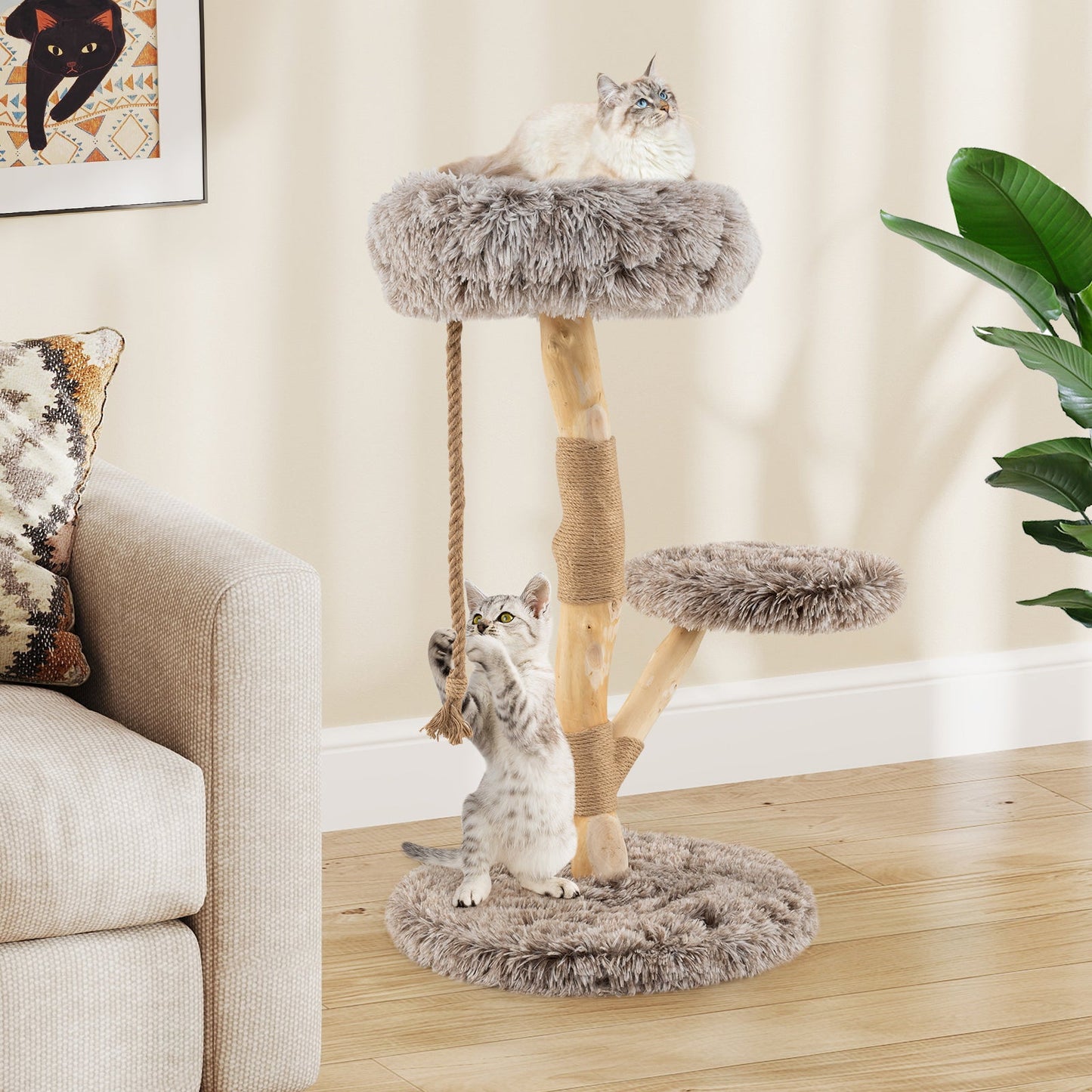 90CM Modern Wooden Cat Tree Tower with Perch for Indoor Use-Grey