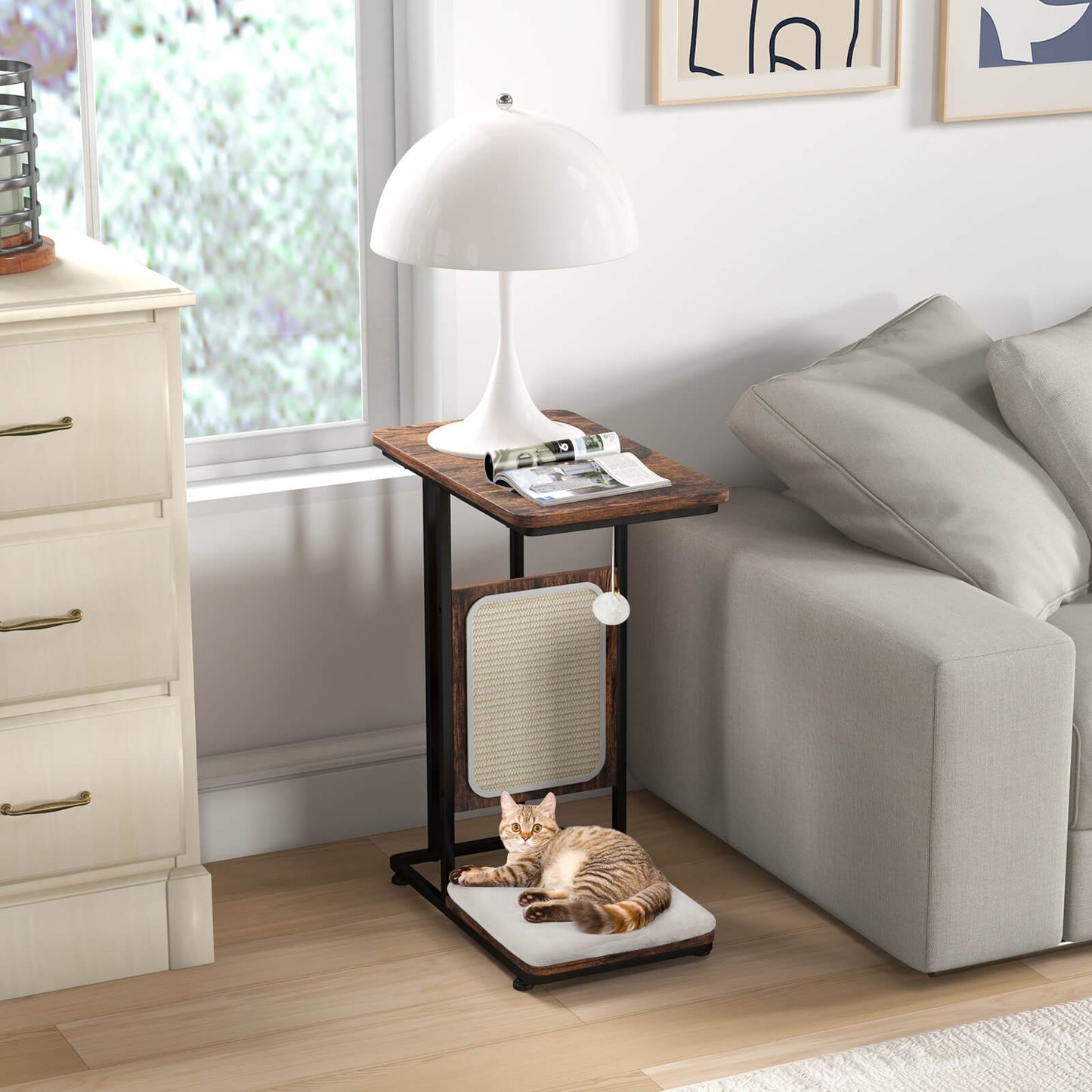 Cat Tree and End Table with Scratching Board and Cushion-Rustic Brown