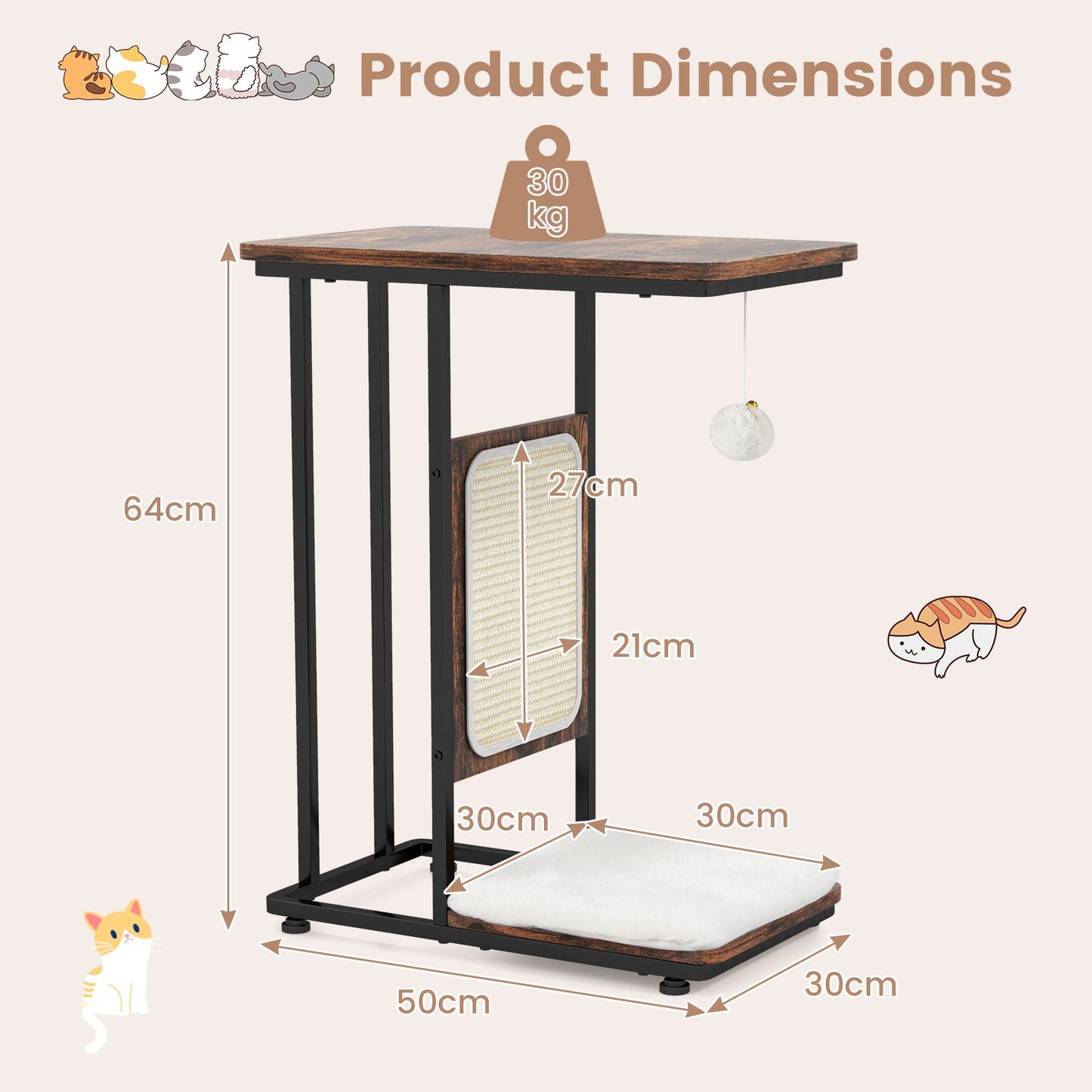 Cat Tree and End Table with Scratching Board and Cushion-Rustic Brown