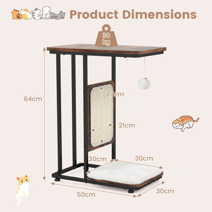 Cat Tree and End Table with Scratching Board and Cushion-Rustic Brown