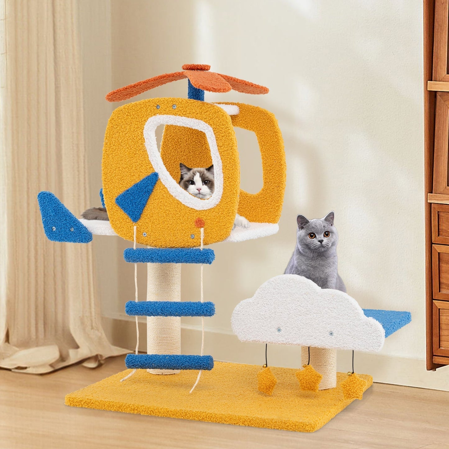 Aviation-themed Cat Tree for Indoor Cats with Helicopter Top Perch-Yellow