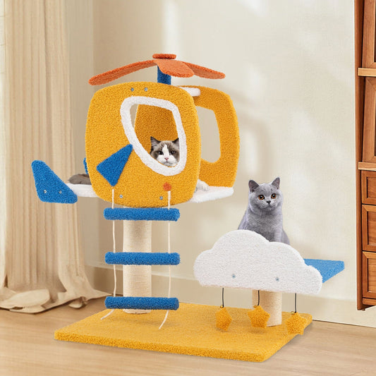 Aviation-themed Cat Tree for Indoor Cats with Helicopter Top Perch-Yellow
