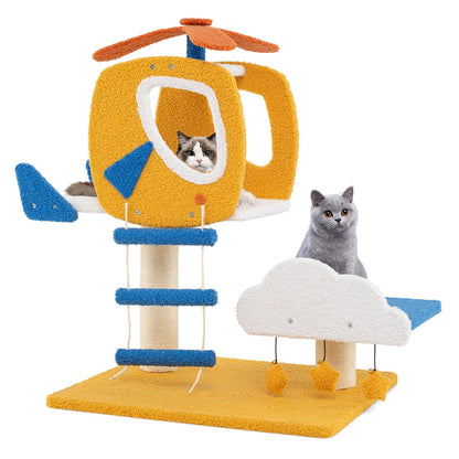Aviation-themed Cat Tree for Indoor Cats with Helicopter Top Perch-Yellow