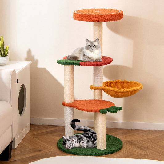 Multi-level Cat Tree with Fruit-shaped Platforms and Rotatable Side Basket-Multicolor