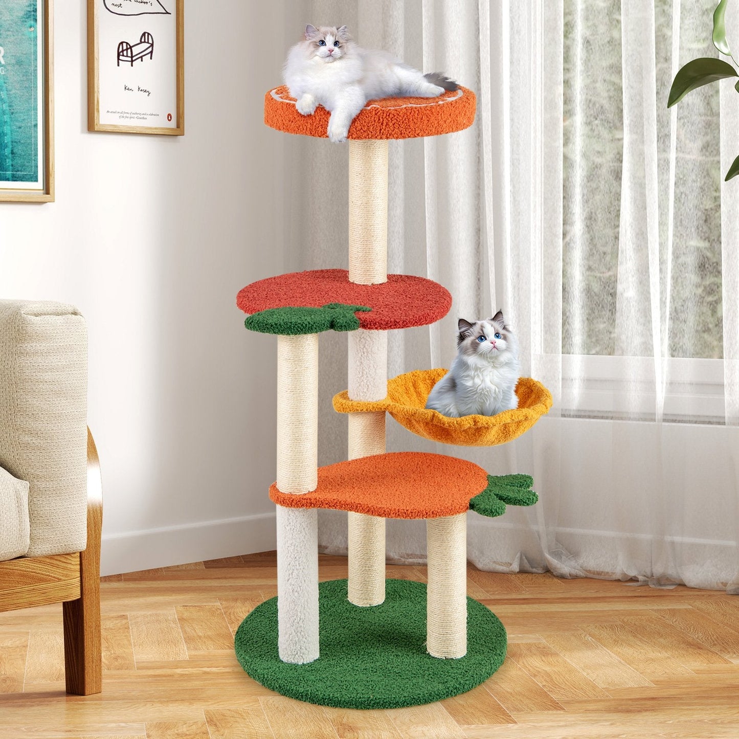 Multi-level Cat Tree with Fruit-shaped Platforms and Rotatable Side Basket-Multicolor