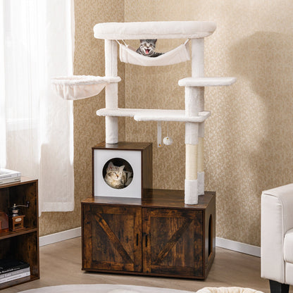 153cm Tall Cat Tree with Litter Box Enclosur Scratching Posts and Hammock-Rustic Brown