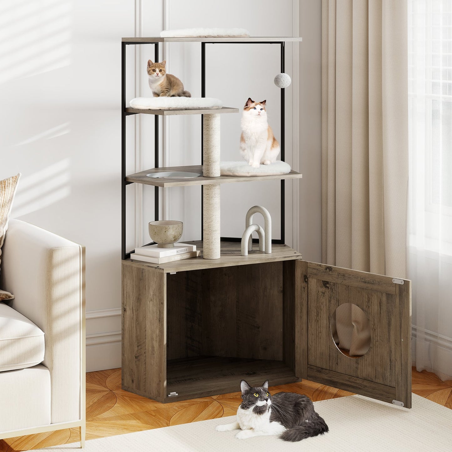 Cat Tree with Litter Box Enclosure with 2 Scratching Posts and 3 Mats-Brown