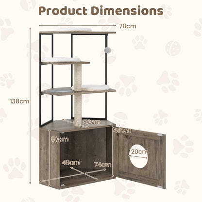 Cat Tree with Litter Box Enclosure with 2 Scratching Posts and 3 Mats-Brown