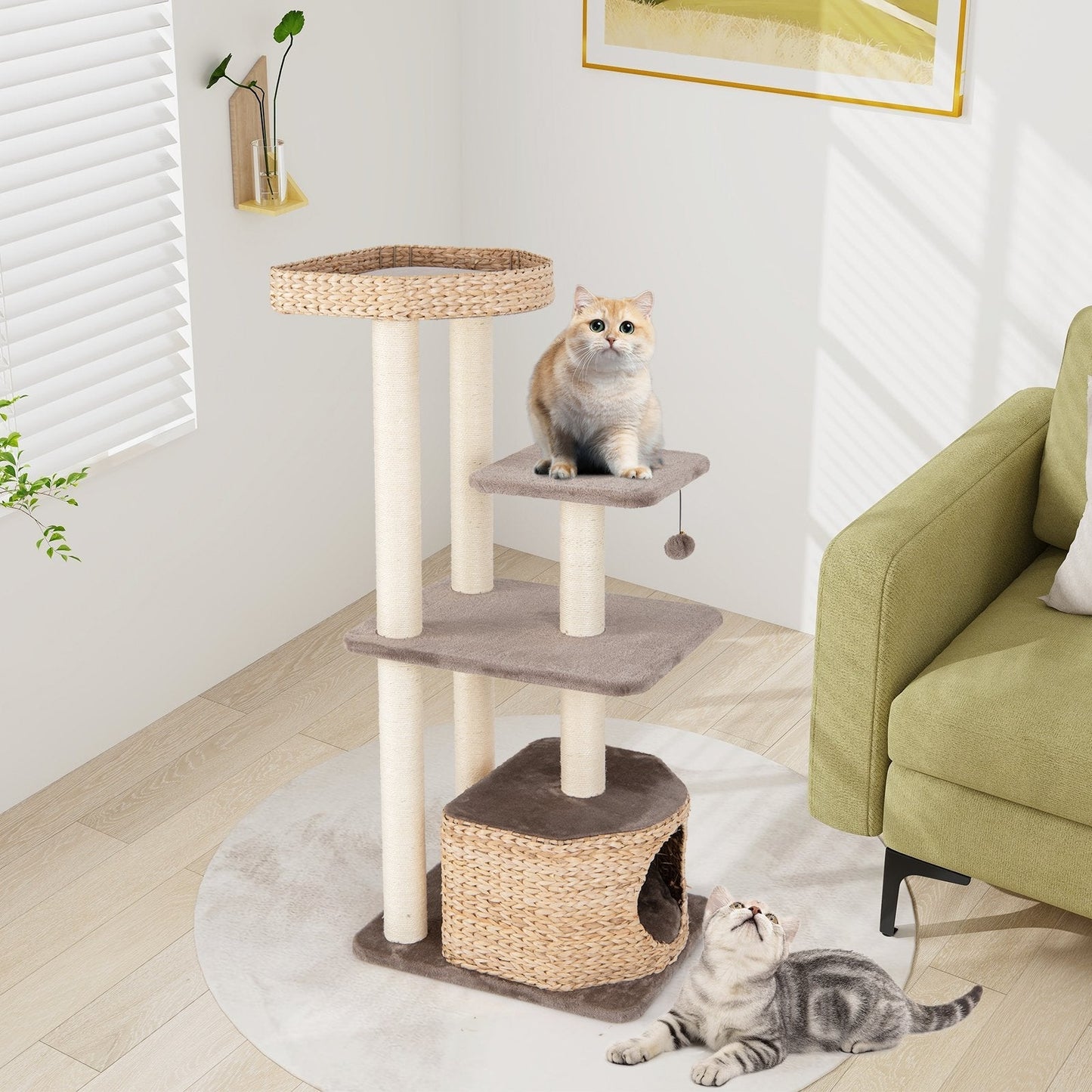 Cattail Cat Tower with Sisal Scratching Posts Perch Condo and Dangling Ball-Coffee