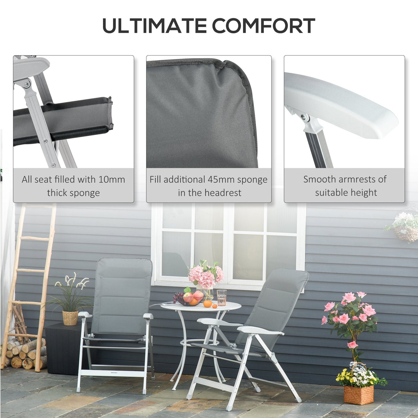 Outsunny Set Of 2 Patio Folding Dining Chair w/ Adjustable Back & Armrest Portable for Camping Garden Pool Beach Deck Grey