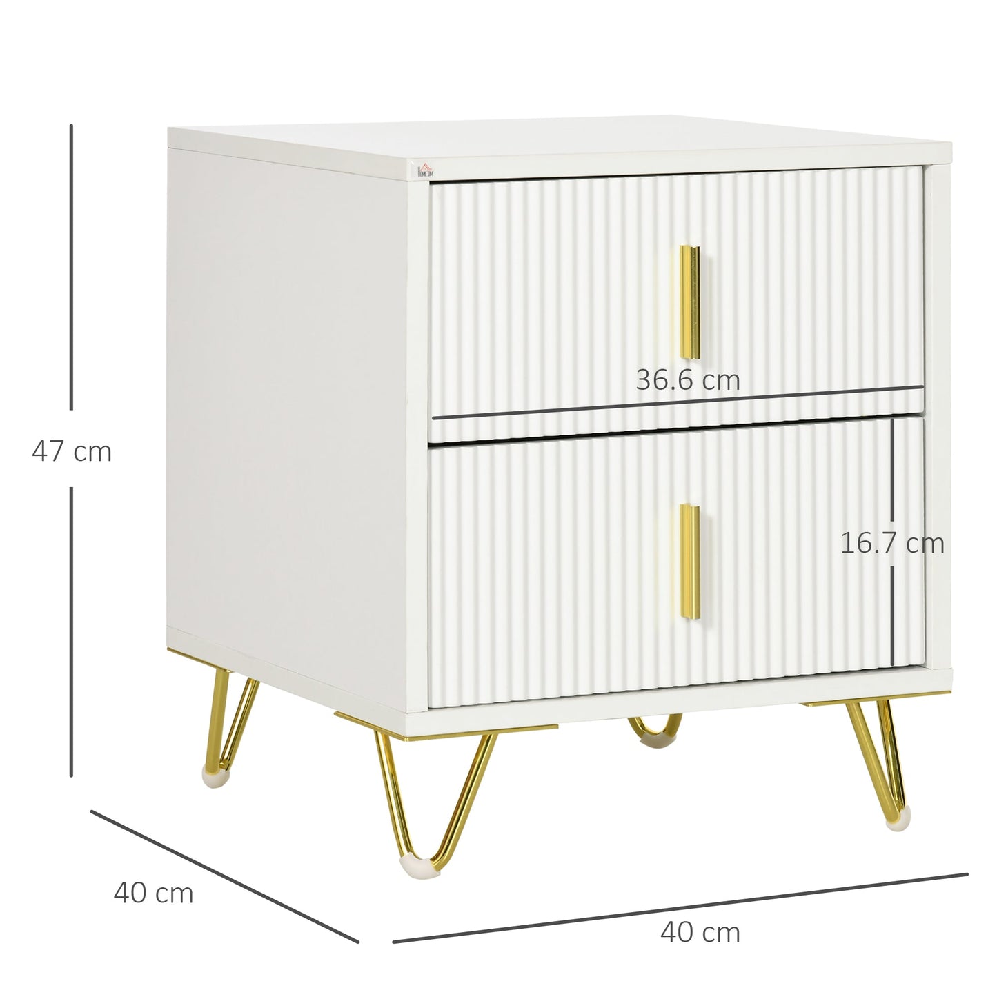 HOMCOM Bedside Table with 2 Drawers, Side End Table, Nightstand with Metal Frame for Living Room, Bedroom, White