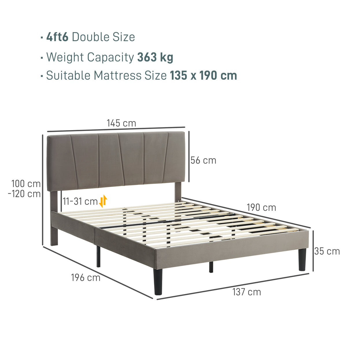HOMCOM Double Bed Frame, with Velvet-Feel Headboard - Grey