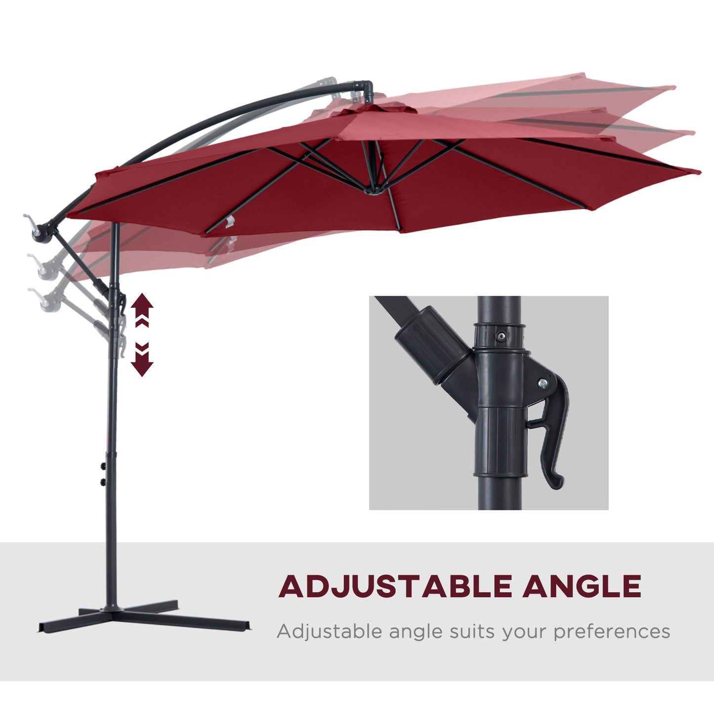 Outsunny 3 meter Cantilever Umbrella Garden Banana Parasol Patio Hanging Sun Shade Wine Red