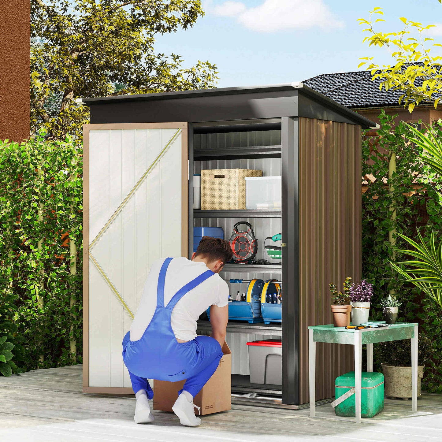 Outsunny 5 x 3ft Corrugated Steel Storage Shed, with Lock - Brown