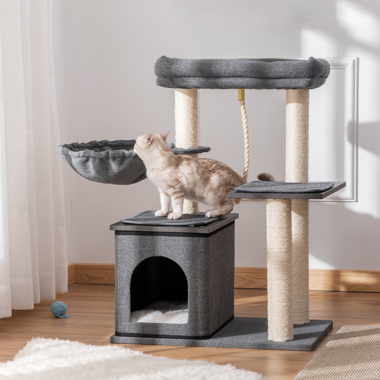 PawHut Cat Tree Tower for Indoor Cats Climbing Activity Center Kitten Furniture with Sisal Scratching Post Bed Condo Perch Teasing Rope 60 x 40 x 83cm Dark Grey