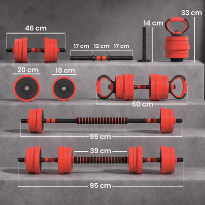 SPORTNOW 20kg 6-in-1 Adjustable Weight Dumbbells Set, Barbell, Kettlebell, Push Up Stand - Red
