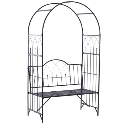 Outsunny Garden Metal Arch Bench Outdoor Patio Rose Trellis Arbour Pergola for Climbing Plant Antique Style 2-Seater Chair, Black