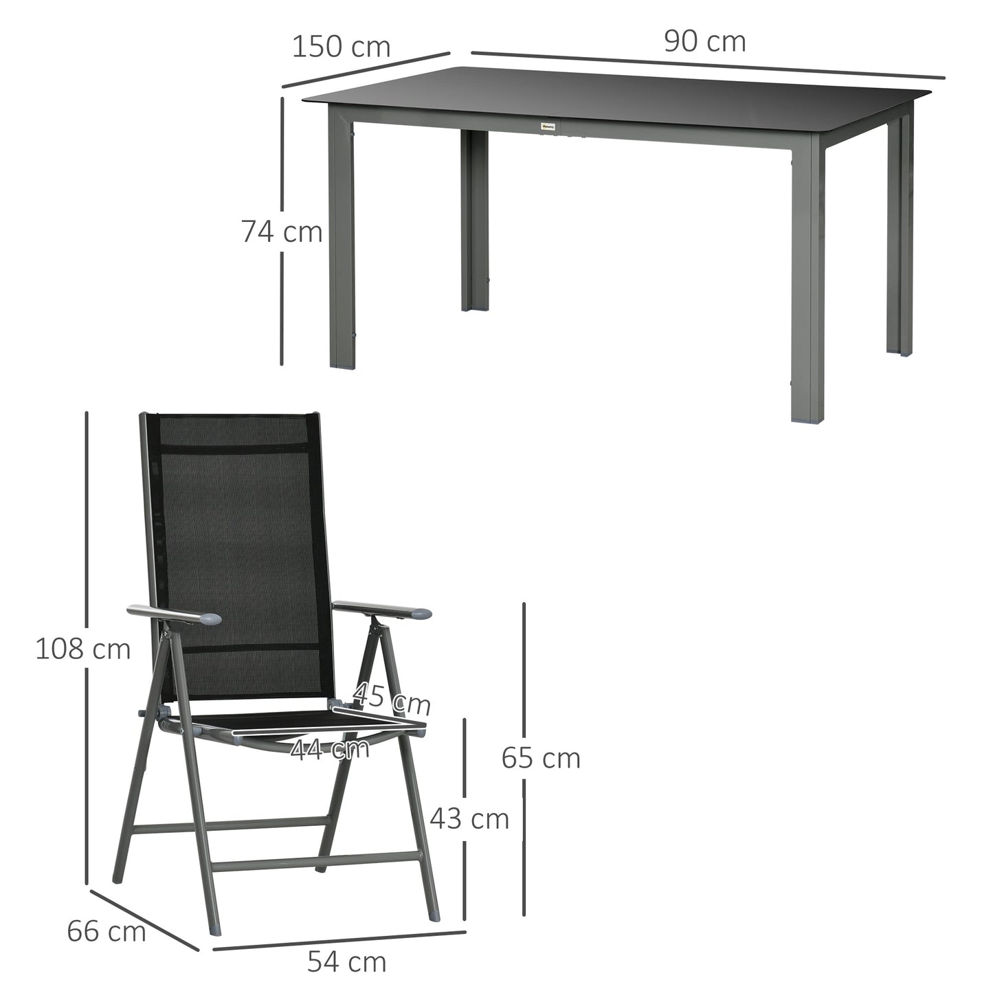 Outsunny 7 Piece Garden Dining Set, Outdoor Table and 6 Folding and Reclining Chairs, Aluminium Frame, Tempered Glass Top Table, Texteline Seats, Black