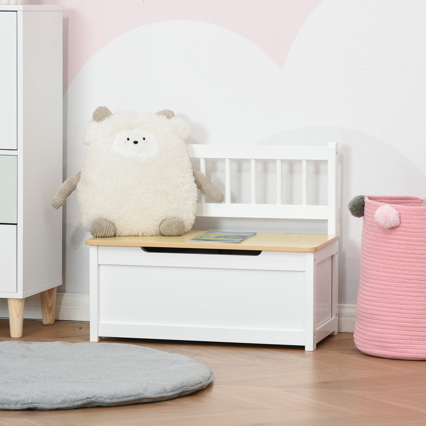 2-IN-1 Wooden Toy Box Seat Bench Storage Chest Cabinet Organizer with Safety Pneumatic Rod 60 x 30 x 50cm White