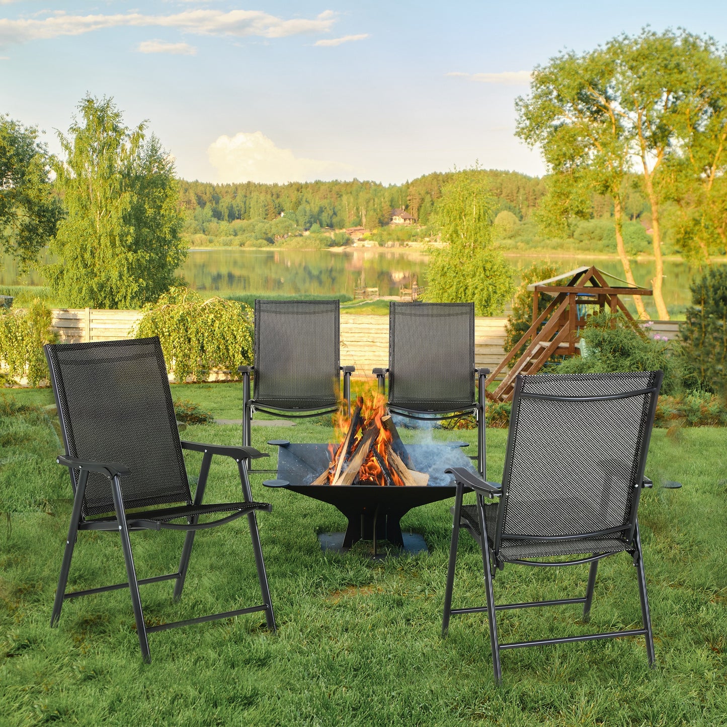 Outsunny Zestaw 4 składanych krzeseł ogrodowych, krzesła ogrodowe z metalową ramą, zewnętrzne patio, park, siedzisko jadalne z oddychającą siatką, czarne