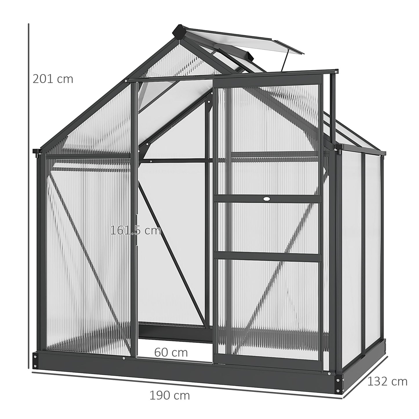 Outsunny 6 x 4ft Polycarbonate Greenhouse, Large Walk-In Green House with Slide Door and Window, Garden Plants Grow House with Aluminium Frame and Foundation, Grey