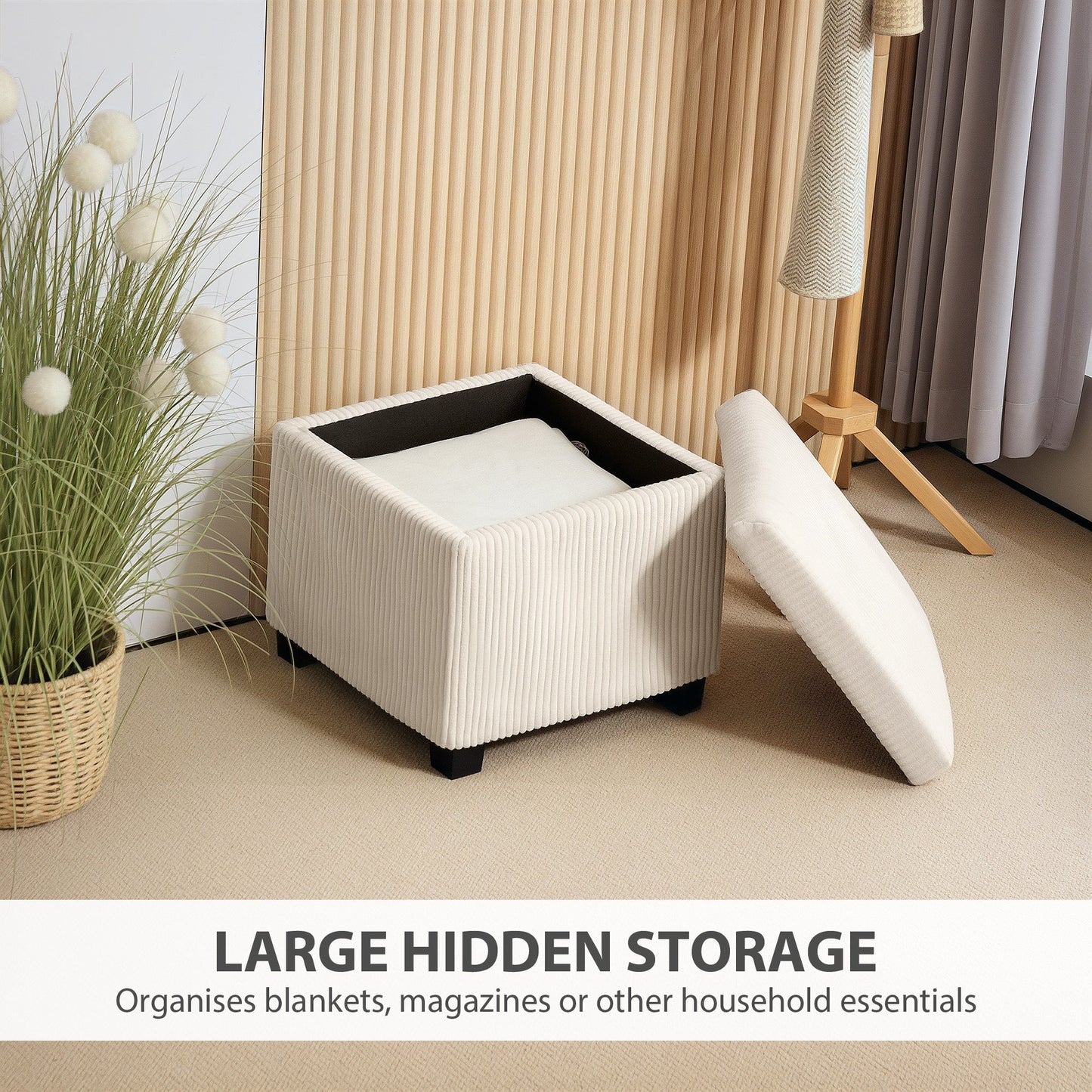 HOMCOM Storage Ottoman Bench, Corduroy Footstool with Removable Lid and Legs, 40cm Storage Chest Box for Living Room, Bedroom, Hallway, Beige