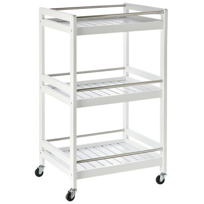 HOMCOM 3-Tier Home Trolley Kitchen Storage Cart w/ Steel Bars 4 Universal Wheels Rolling Unit Organiser Living Room White