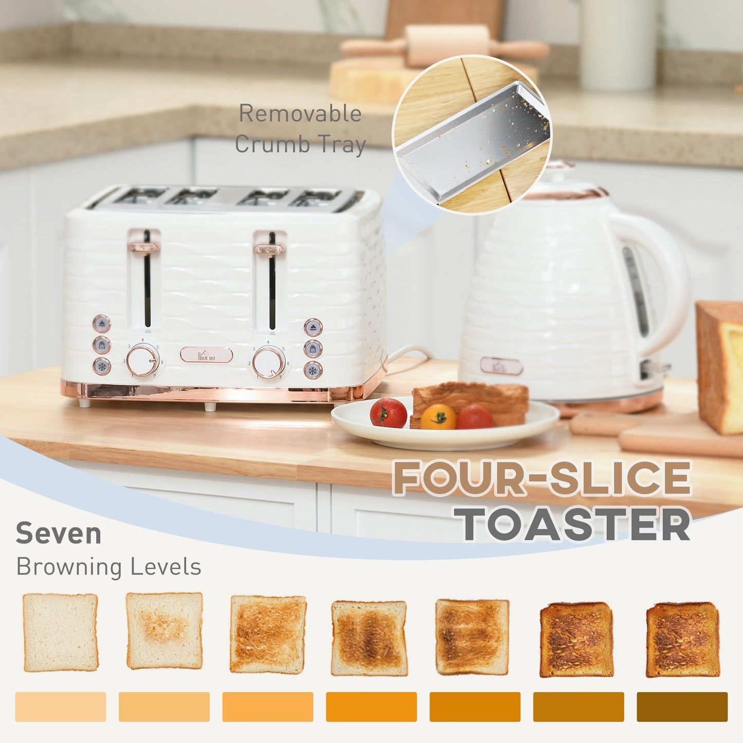 HOMCOM Kettle and Toaster Sets, 3000W 1.7L Rapid Boil Kettle & 4 Slice Toaster with 7 Browning Controls, Defrost, Reheat and Crumb Tray, UK Otter thermostat, Cream White