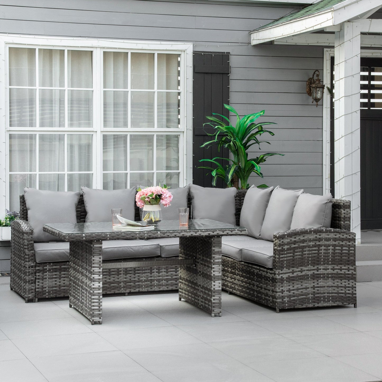 Outsunny 3 PCS PE Rattan Corner Dining Set Outdoor Garden Patio Sofa Table Furniture Set w/ Cushions Grey