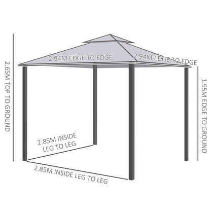 Outsunny 3 x 3 m Metal Gazebo, Garden Pavillion, Double√Ç Roof Outdoor Canopy Shelter with Mesh Sidewalls, Grey