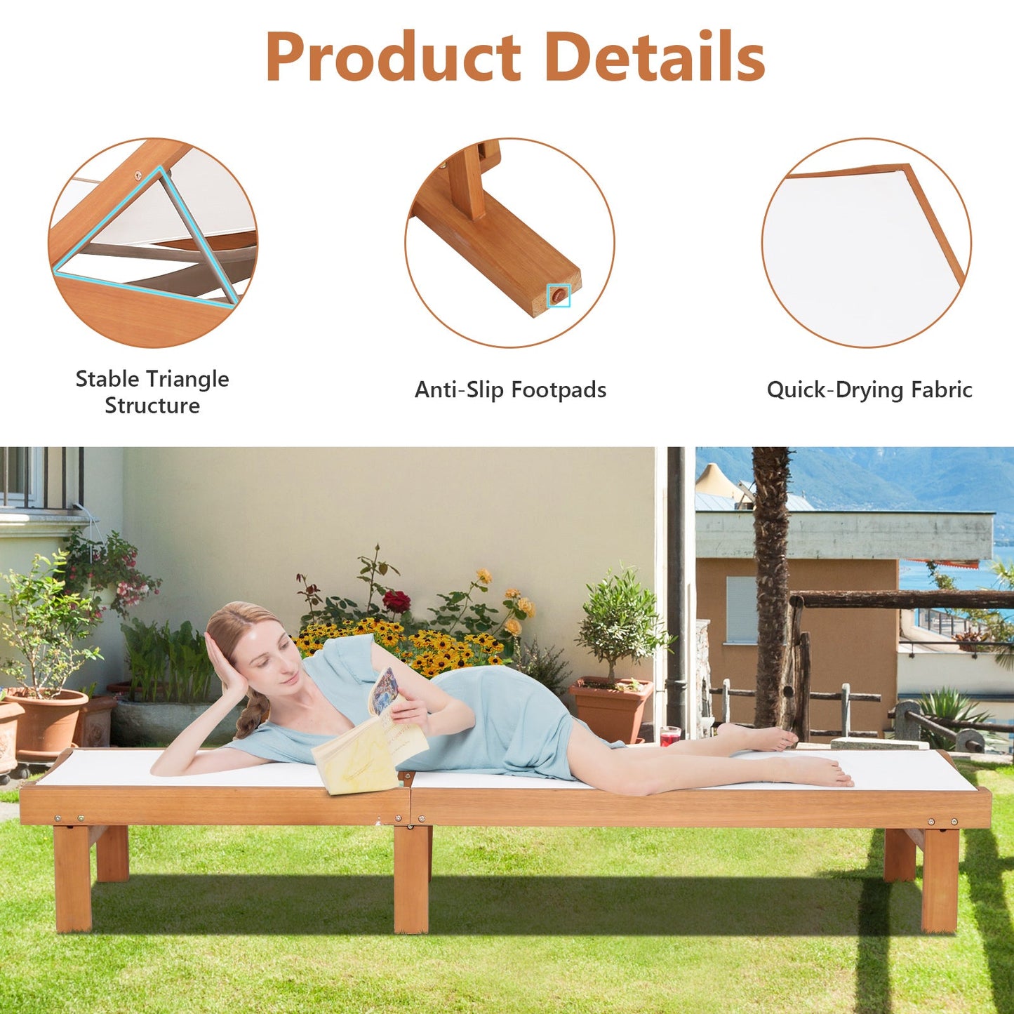 Solid Wood Back Adjustable Patio Lounge Chair