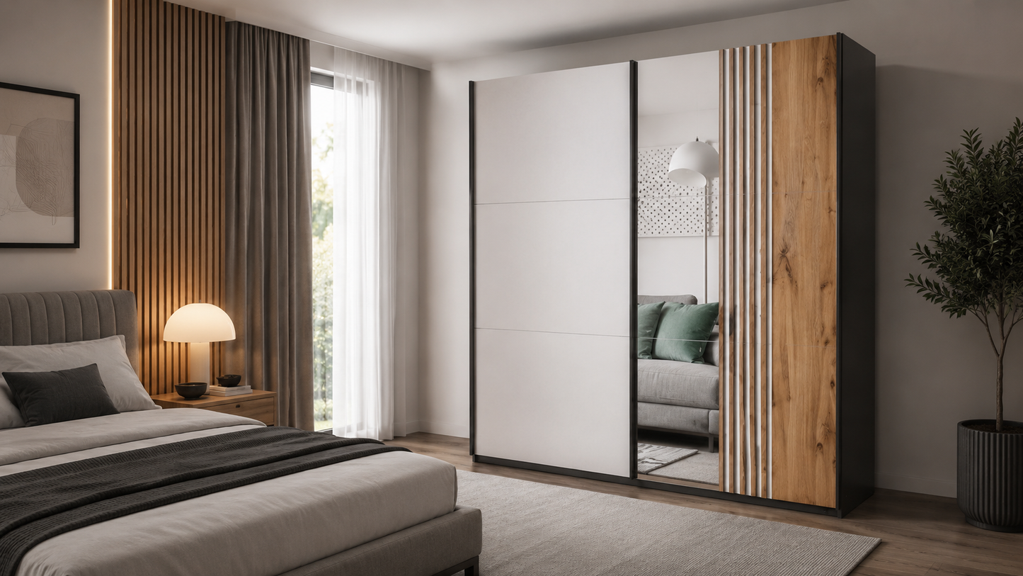Black/Cashmere/Oak Wotan Mirrored Sliding Door Wardrobe 200cm – KINGSLEY