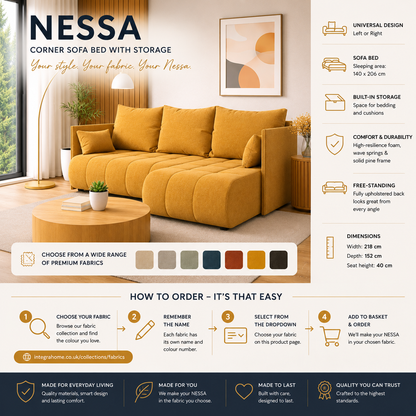 NESSA Corner Sofa Bed with Storage – Premium Fabric Collection