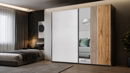 Black/Cashmere/Oak Wotan Mirrored Sliding Door Wardrobe 250cm – KINGSLEY