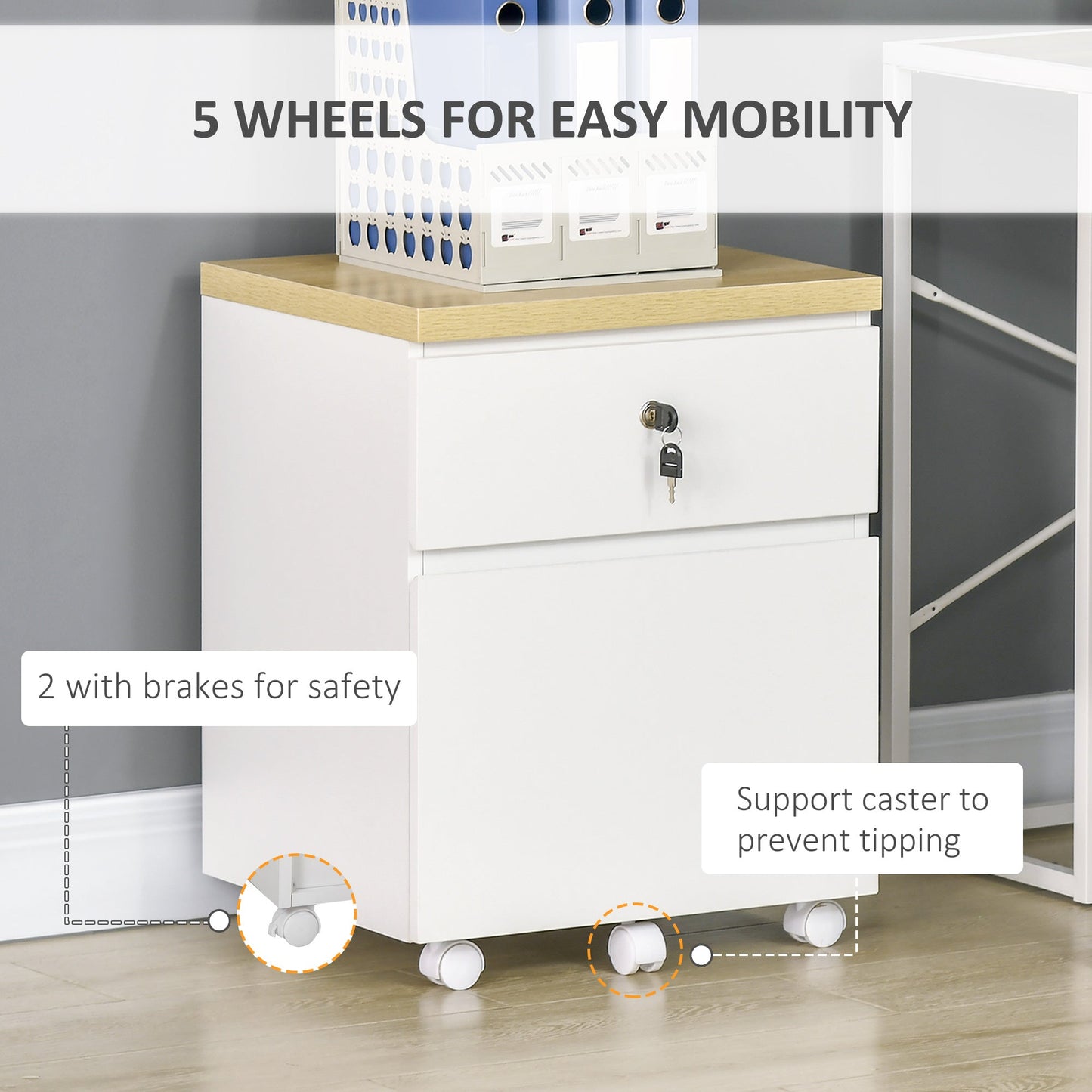 Vinsetto 2-Drawer Filing Cabinet with Lock, Mobile File Cabinet with Hanging Bars for A4 Size and Wheels, Home Office Study, White