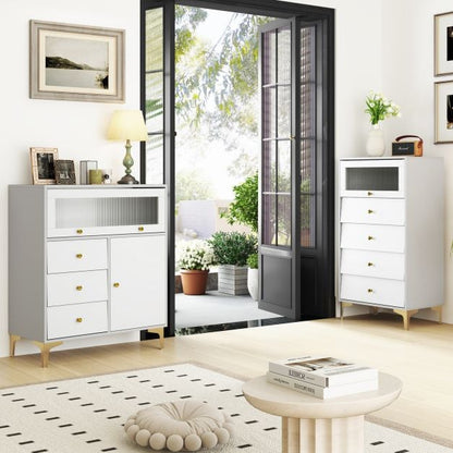 Chest of Drawers with Flip Up Fluted Glass Door and Pull-out Drawers-Grey