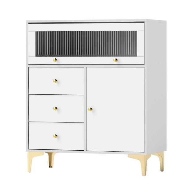 Chest of Drawers with Flip Up Fluted Glass Door and Pull-out Drawers-Grey