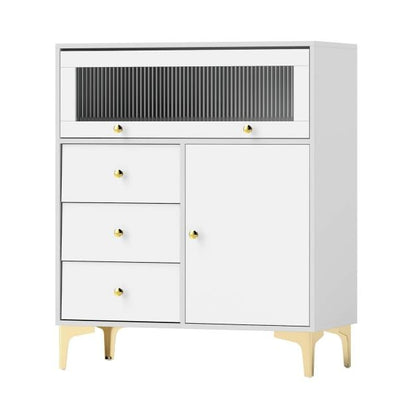 Chest of Drawers with Flip Up Fluted Glass Door and Pull-out Drawers-Grey
