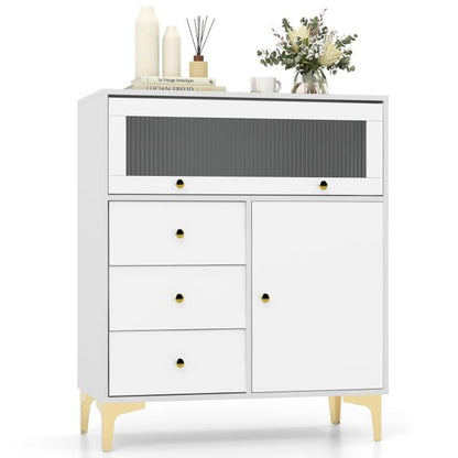 Chest of Drawers with Flip Up Fluted Glass Door and Pull-out Drawers-Grey